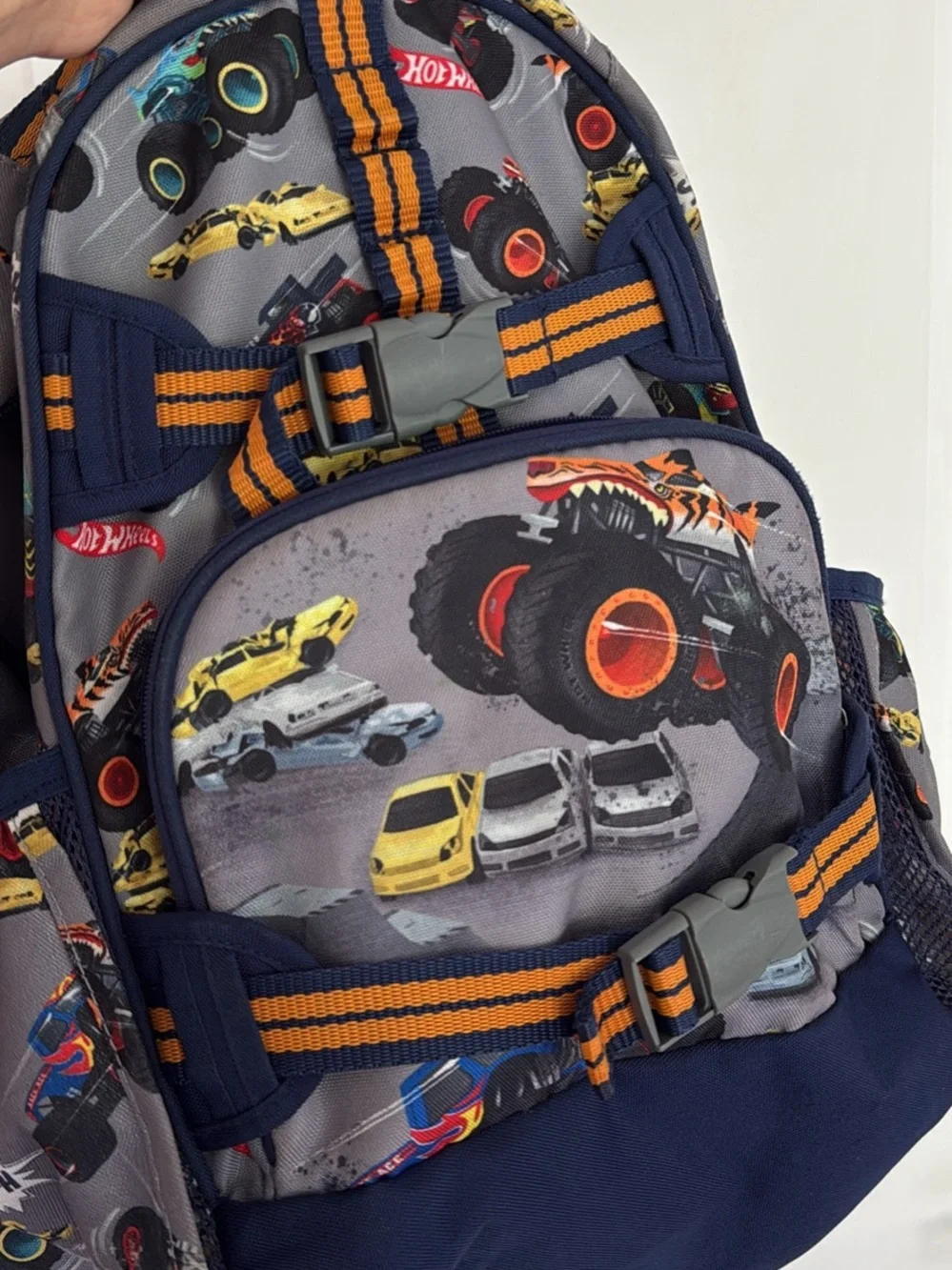 Pottery Barn Kids Gray Backpack with Navy and Orange Monster Truck Print